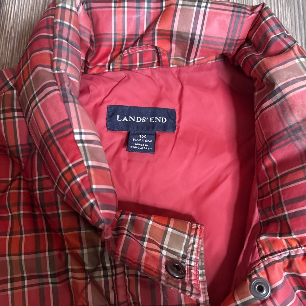 LANDS'END Women's 1X Goose Down Puffer Quilted Vest Multicolor Plaid - Picture 2 of 6